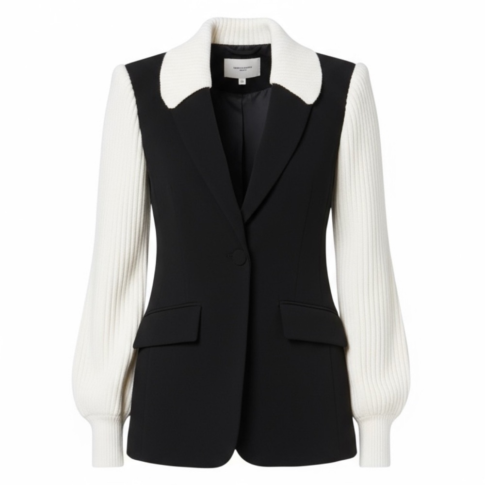 Cinq A Sept Women’s Cheyenne Knit Combo Tailored Black and Ivory Blazer Size 8 - Picture 9 of 12